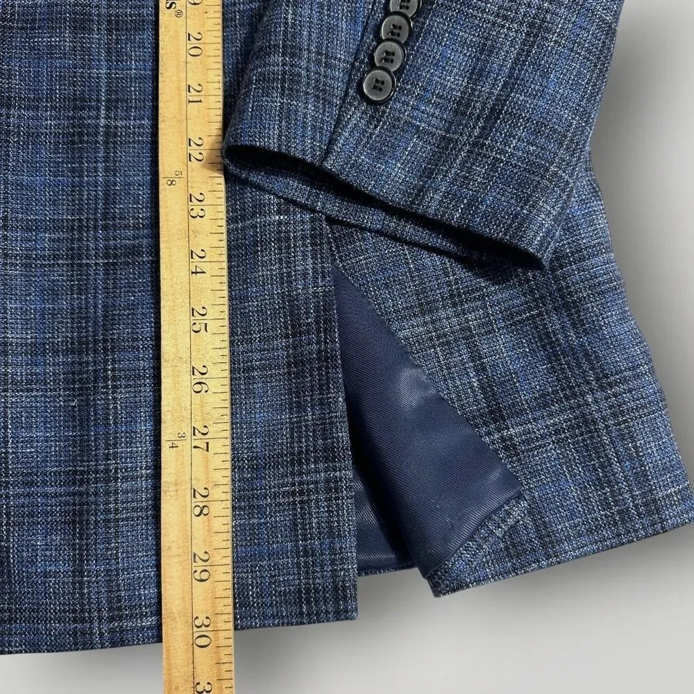JOSEPH ABBOUD Mens Blazer Sport Coat Suit Jacket 48R SILK/WOOL/LINEN Plaid Blue